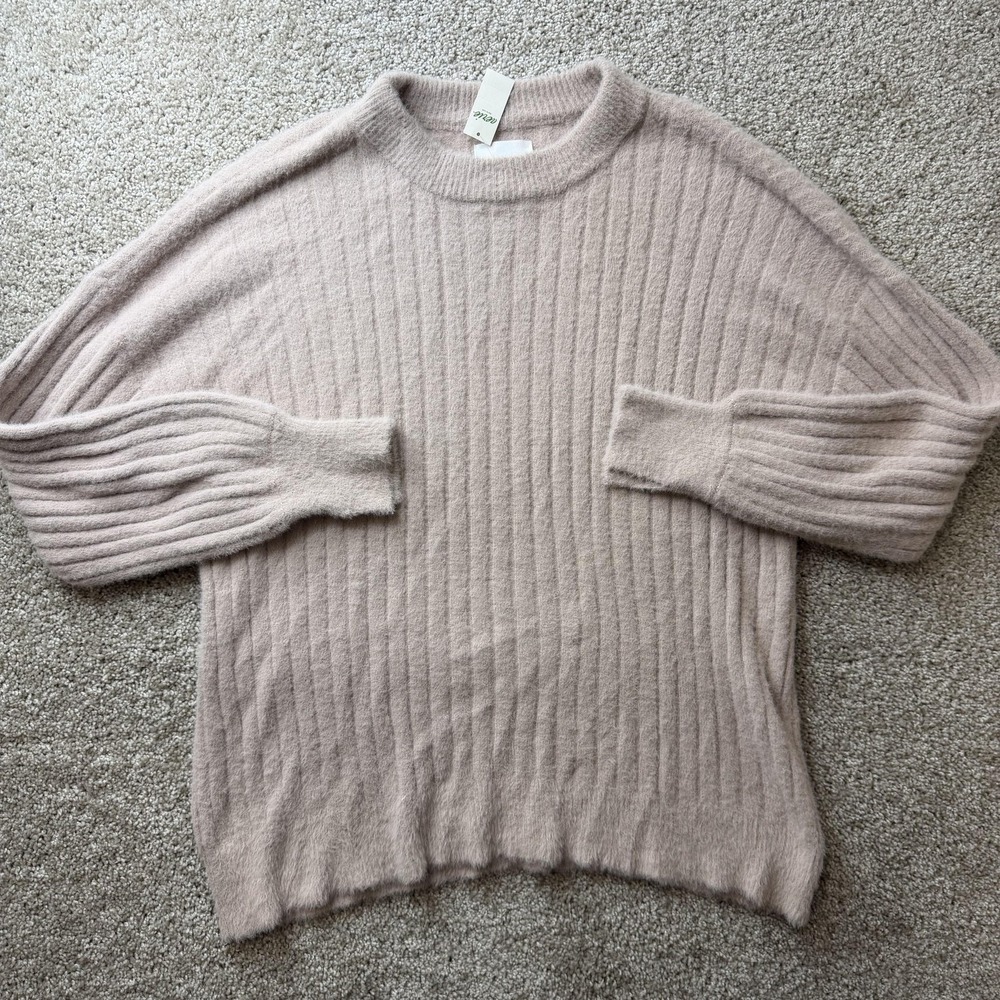 Aerie Sweater Womens Small Pink Ribbed Knit Crew Neck Pullover Cozy Fuzzy